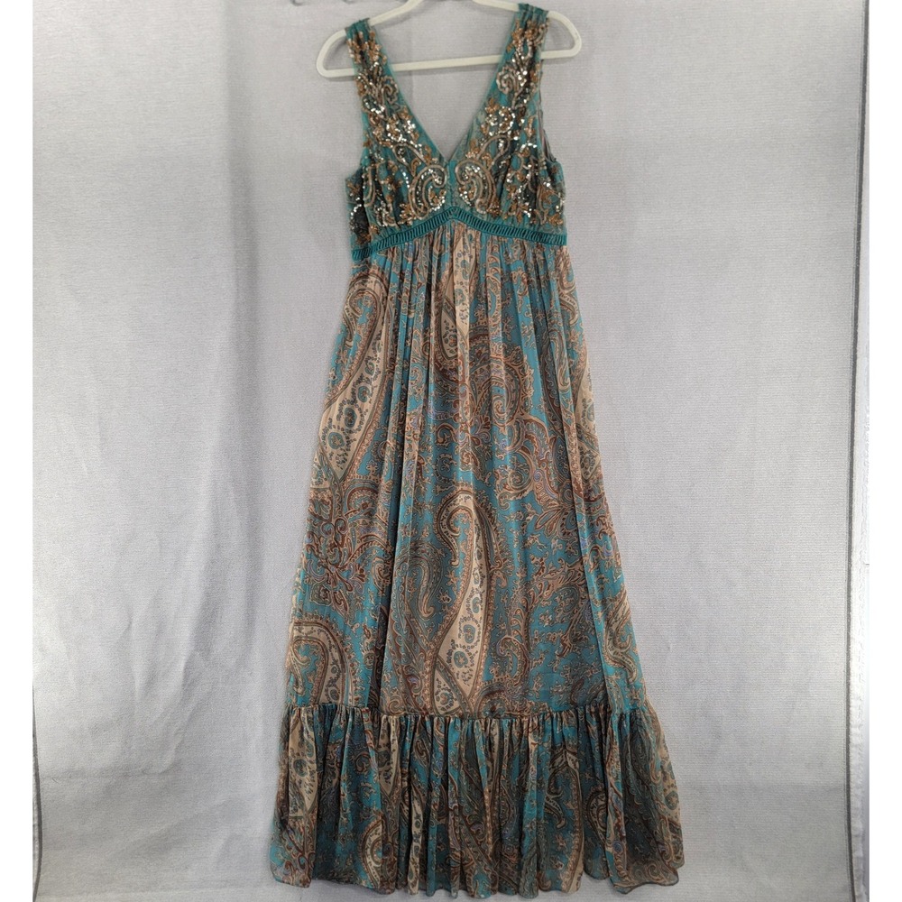 Anthropologie Ranna Gill Dress Beaded Paisley Chiffon Forest Fairy Maxi Size 6